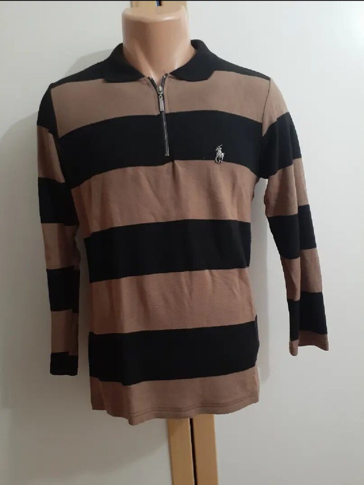 Uzun Kollu Kahverengi Siyah Çizgili Polo Sweatshirt - Görsel 5