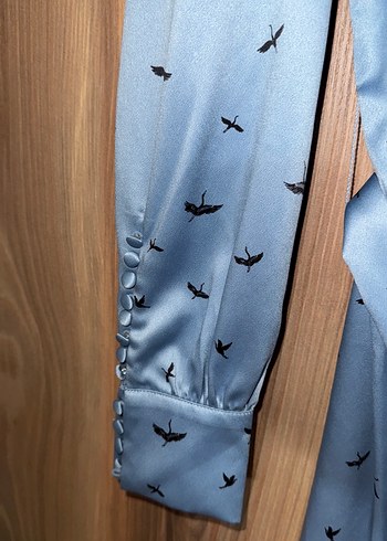 Uzun Kollu Gri Mavi Kuş Desenli Uzun Elbise H&M MARKA - Görsel 3