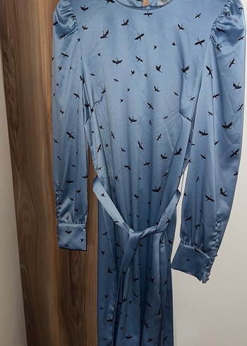 Uzun Kollu Gri Mavi Kuş Desenli Uzun Elbise H&M MARKA