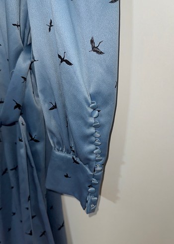 Uzun Kollu Gri Mavi Kuş Desenli Uzun Elbise H&M MARKA - Görsel 4