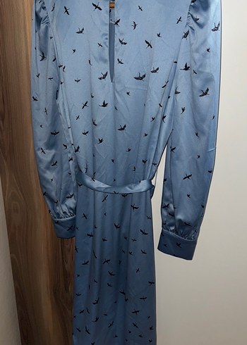 Uzun Kollu Gri Mavi Kuş Desenli Uzun Elbise H&M MARKA - Görsel 5