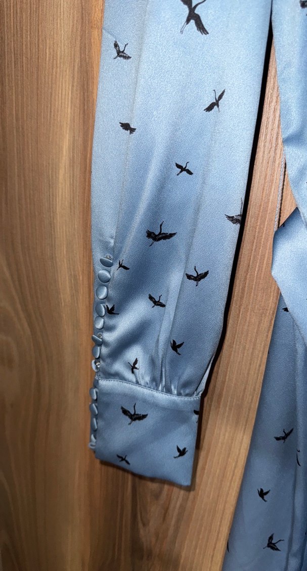 Uzun Kollu Gri Mavi Kuş Desenli Uzun Elbise H&M MARKA - Görsel 3