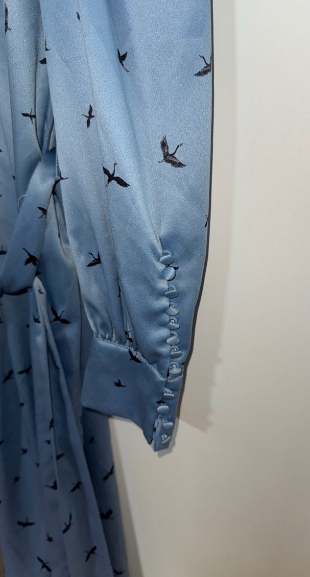 Uzun Kollu Gri Mavi Kuş Desenli Uzun Elbise H&M MARKA - Görsel 4