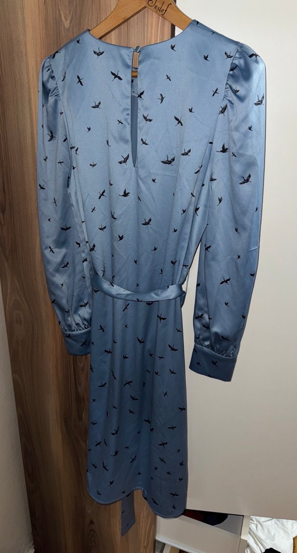 Uzun Kollu Gri Mavi Kuş Desenli Uzun Elbise H&M MARKA - Görsel 5