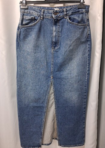 Gri Mavi Denim Midi Etek