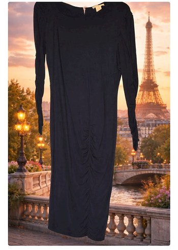 Uzun Kollu Drapeli Siyah Kadın Elbise - Görsel 2