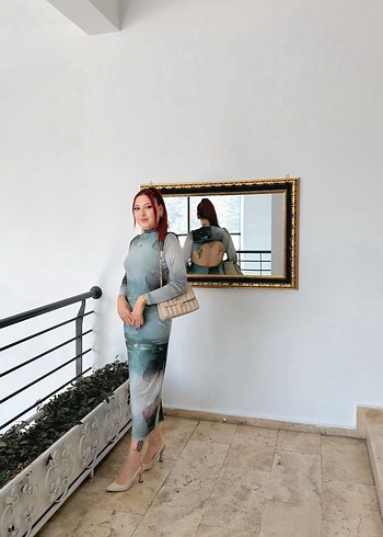 Uzun Kollu Gri Drapeli Kadın Elbise - Görsel 3