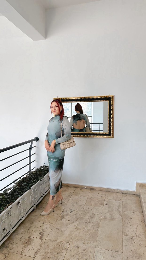 Uzun Kollu Gri Drapeli Kadın Elbise - Görsel 3