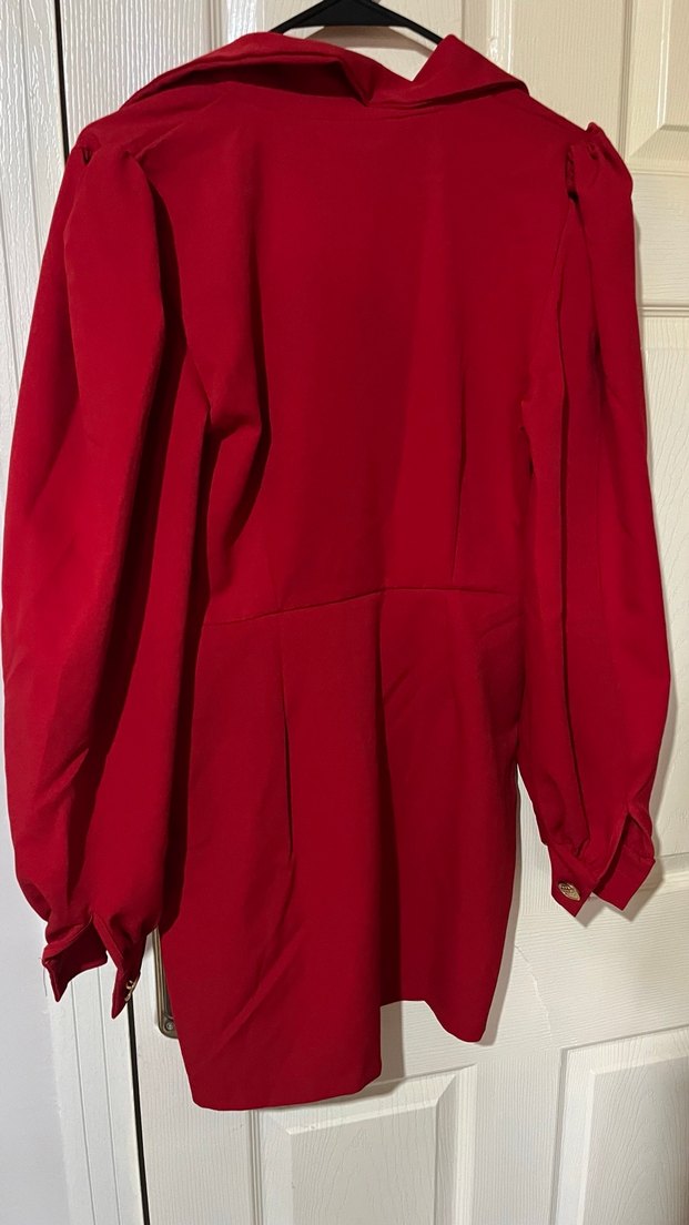 Kırmızı V Yaka Kadın Midi Elbise - Görsel 2