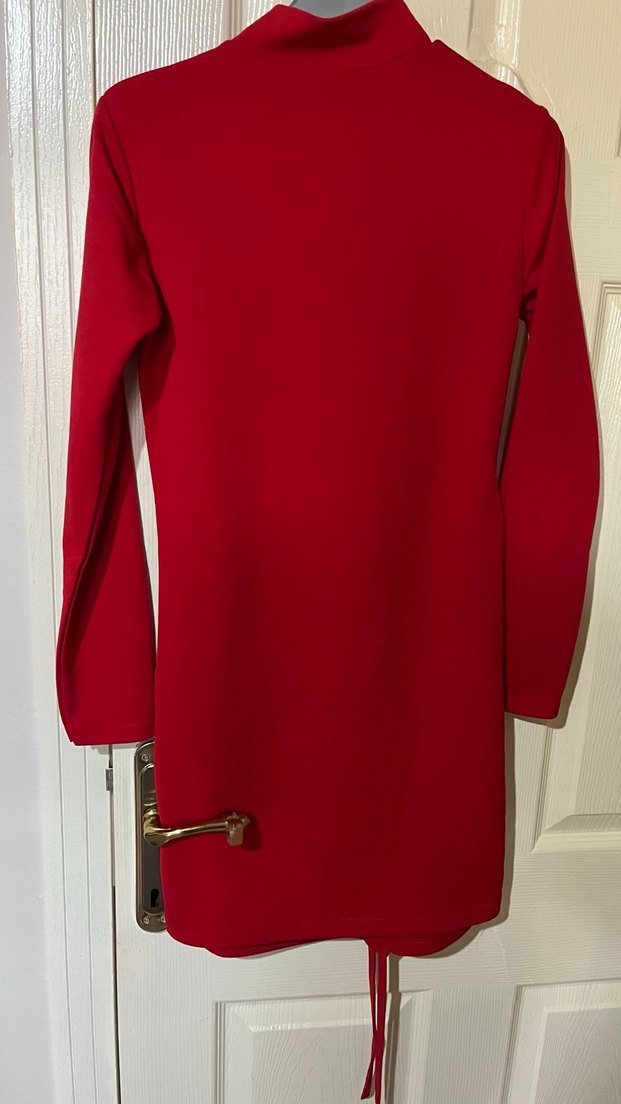 Kırmızı Yüksek Yakalı Midi Triko Elbise - Görsel 2