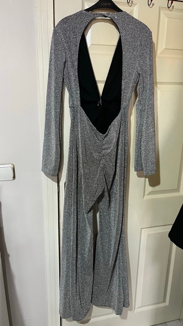 Gri V Yakalı Uzun Kollu Kadın Tulum - Görsel 2