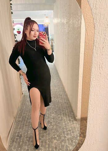 Siyah Balıkçı Yaka Uzun Kollu Elbise - Görsel 3