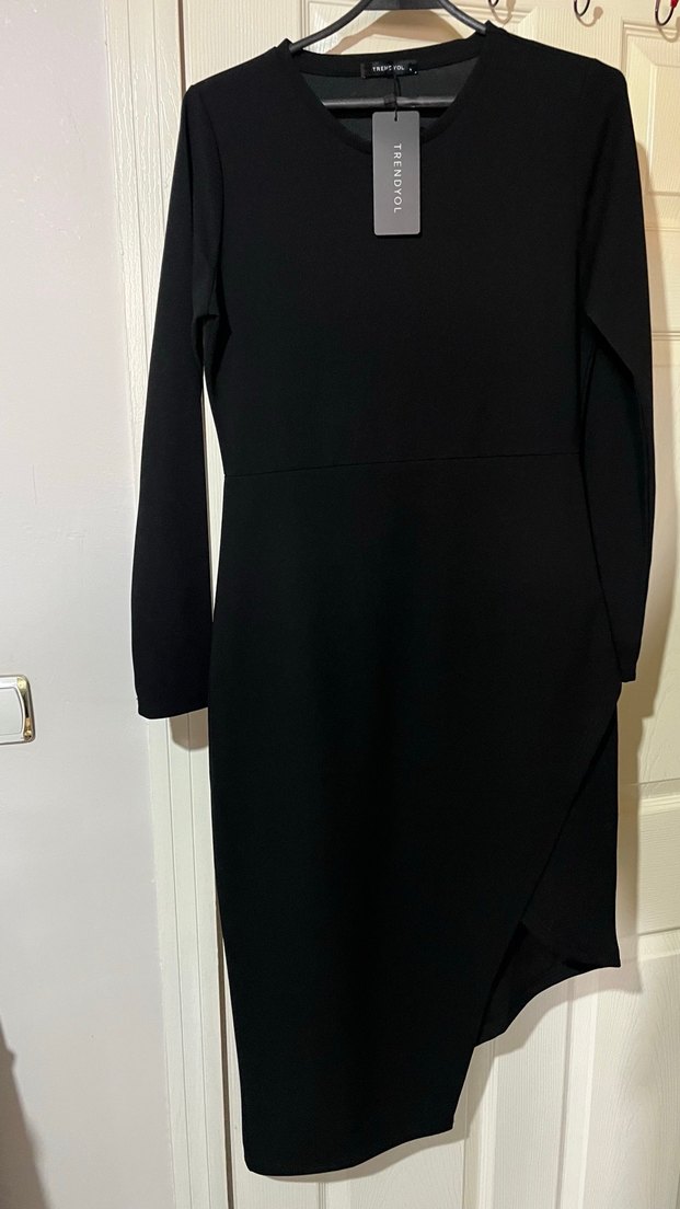 Siyah Uzun Kollu Drapeli Kadın Elbise - Görsel 2