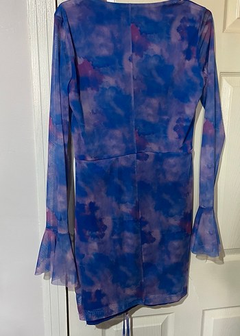 Uzun Kollu Mor Bağlama Desenli Midi Elbise - Görsel 2