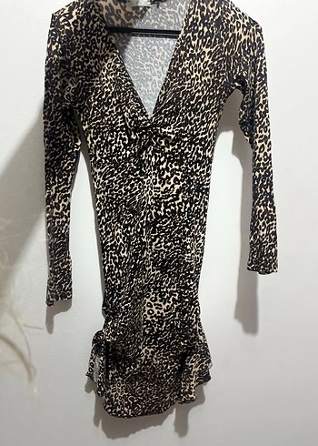 Kahverengi Yılan Desenli Uzun Kollu Elbise - Görsel 2