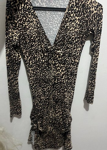 Kahverengi Yılan Desenli Uzun Kollu Elbise - Görsel 4