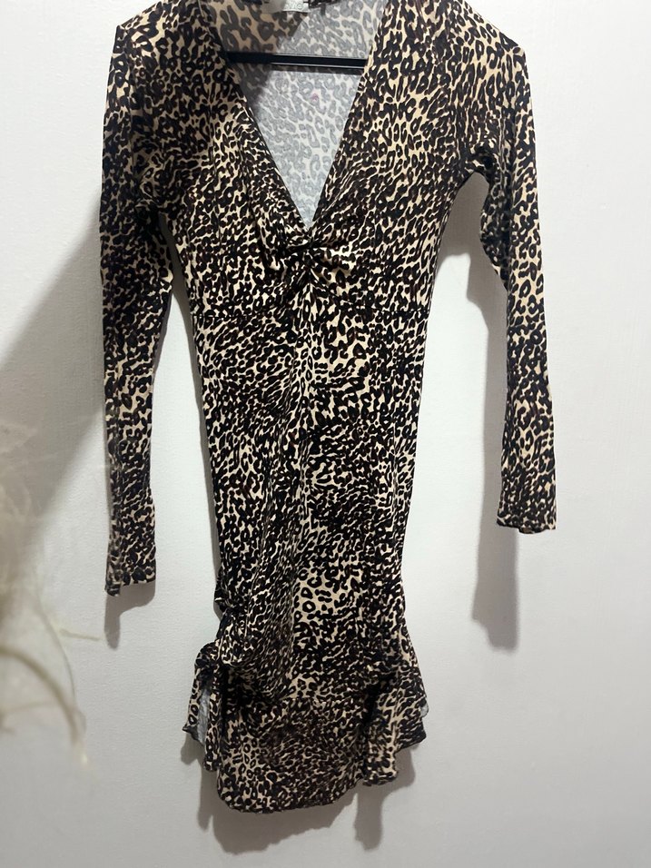 Kahverengi Yılan Desenli Uzun Kollu Elbise - Görsel 2