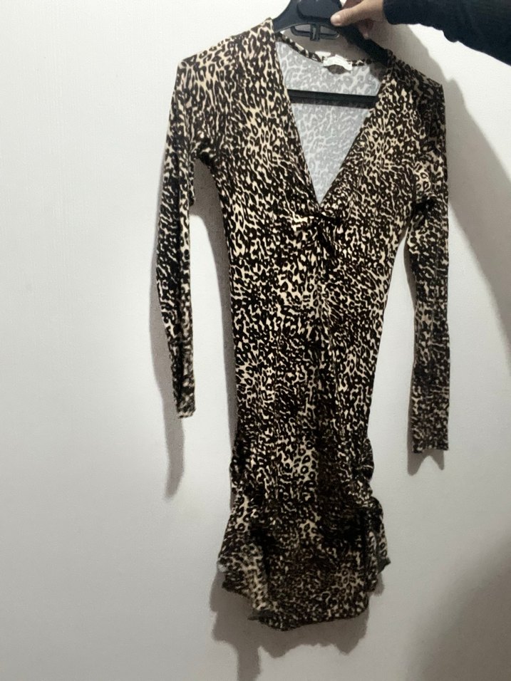 Kahverengi Yılan Desenli Uzun Kollu Elbise - Görsel 3