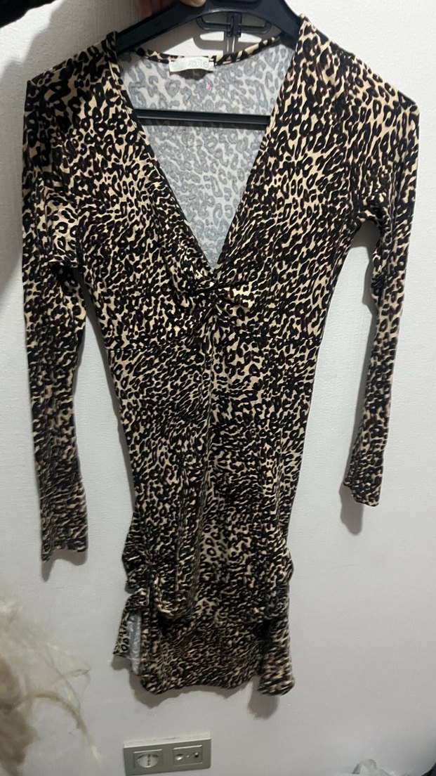 Kahverengi Yılan Desenli Uzun Kollu Elbise - Görsel 4