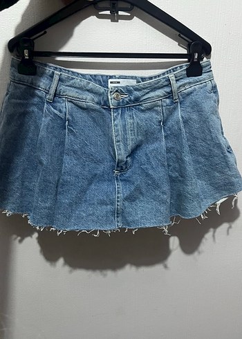 Mavi Mini Pileli Kot Etek şortlu - Görsel 4