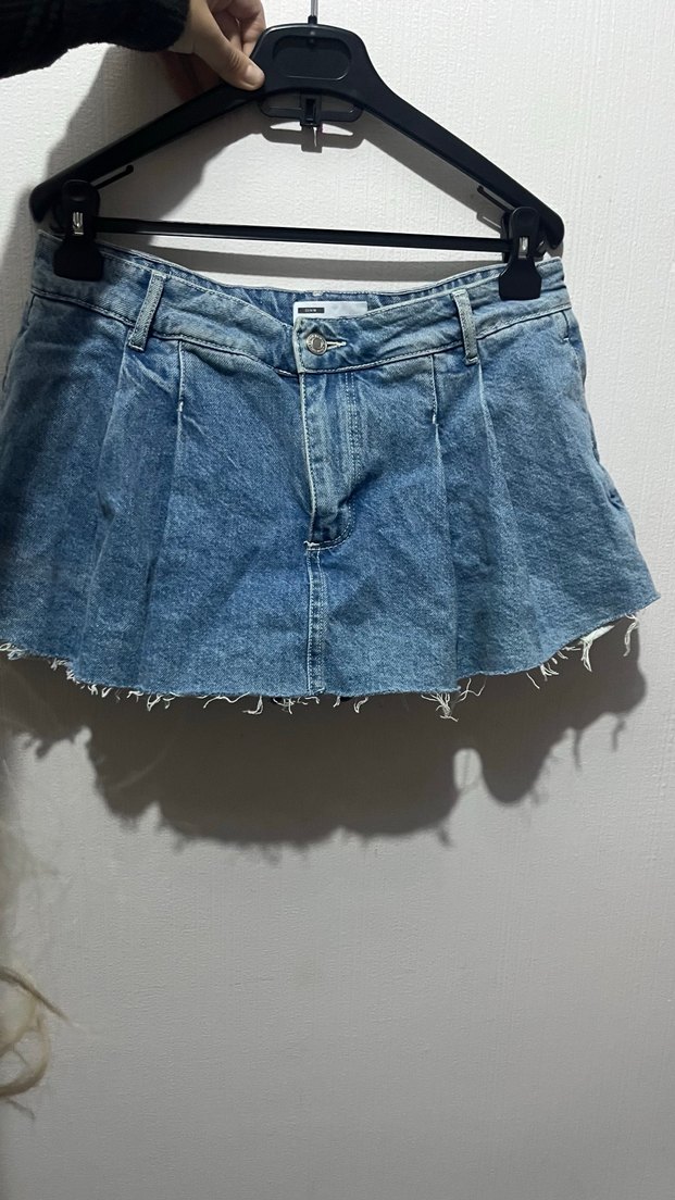 Mavi Mini Pileli Kot Etek şortlu - Görsel 2