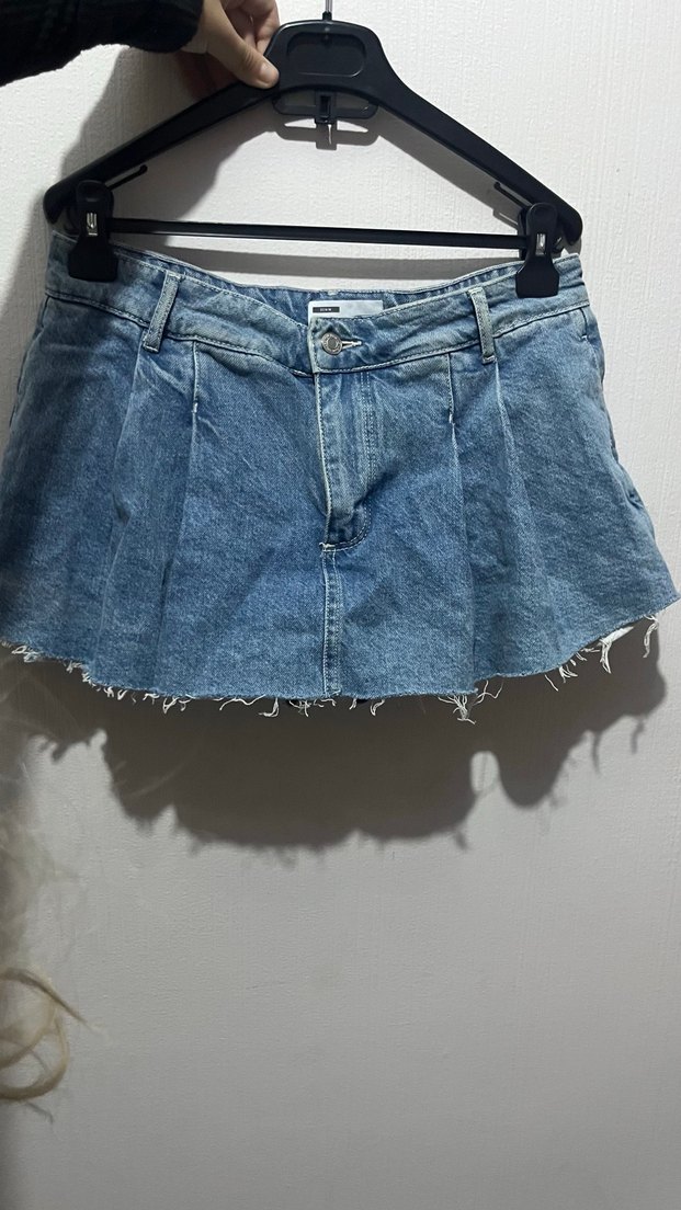 Mavi Mini Pileli Kot Etek şortlu - Görsel 3