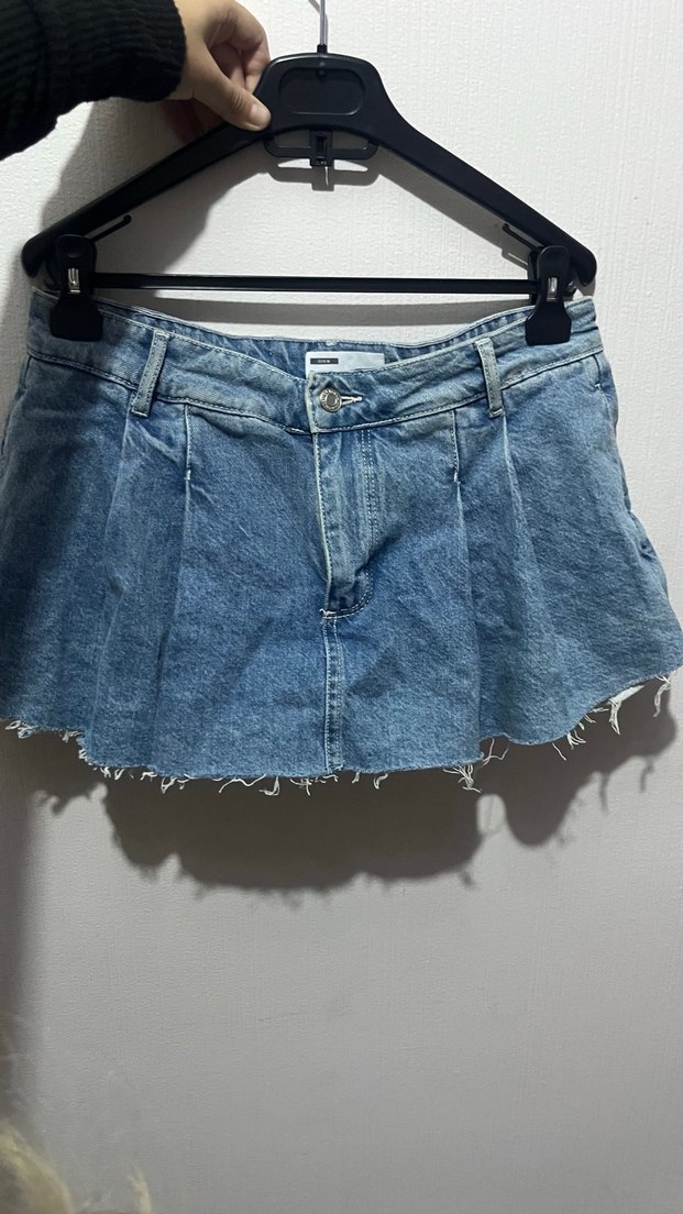 Mavi Mini Pileli Kot Etek şortlu - Görsel 4