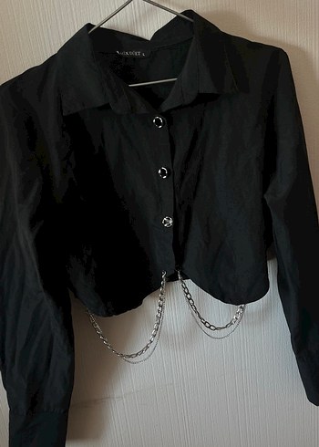 Zincir Detaylı Siyah Gotik Keten Gömlek - Görsel 6