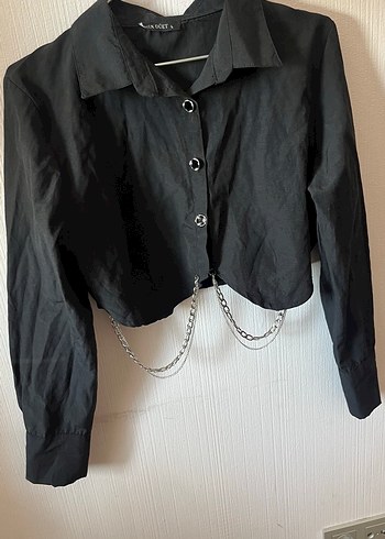 Zincir Detaylı Siyah Gotik Keten Gömlek - Görsel 2