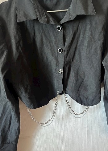 Zincir Detaylı Siyah Gotik Keten Gömlek - Görsel 4