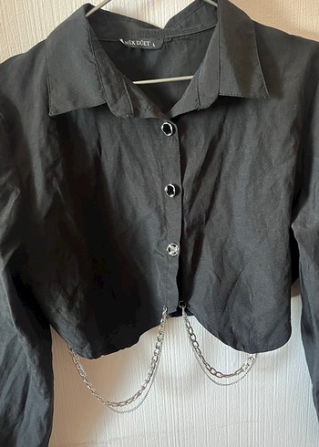 Zincir Detaylı Siyah Gotik Keten Gömlek - Görsel 5