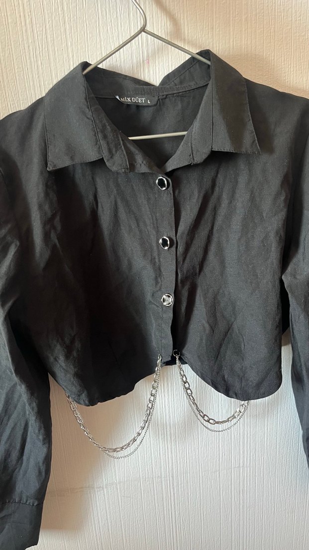 Zincir Detaylı Siyah Gotik Keten Gömlek - Görsel 5