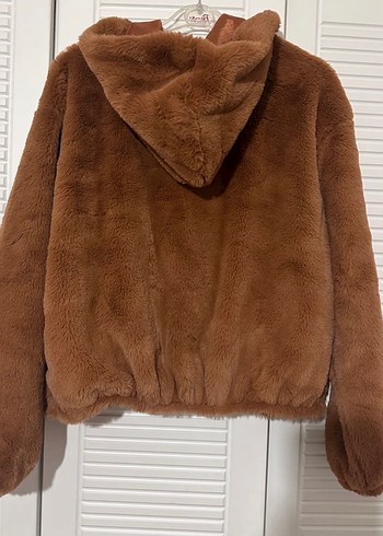 Kahverengi Kapüşonlu Kadın suni Kürk - Görsel 2