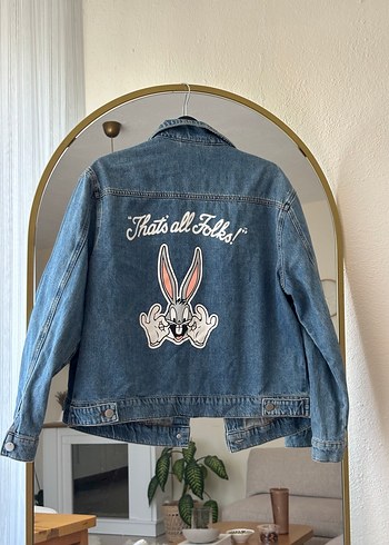 Düğmeli, Baskılı Mavi Kadın Denim Ceket