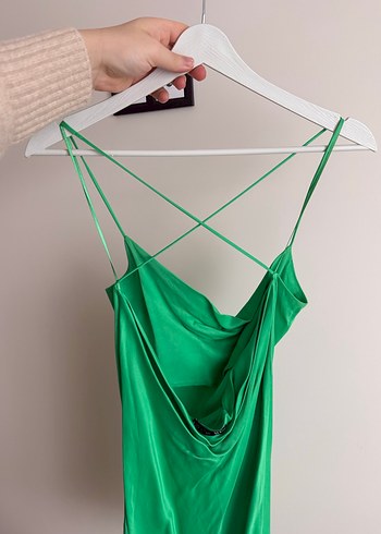 Yeşil Saten Askılı Mini Elbise - Görsel 2