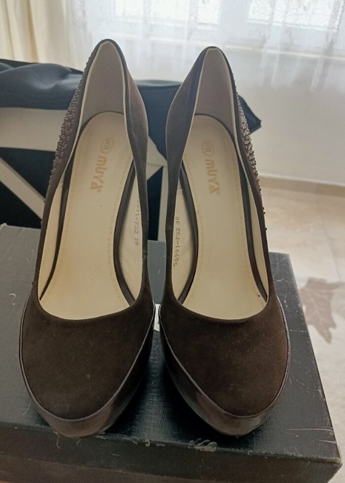 muya kahverengi süet topuklu ayakkabı - Görsel 2