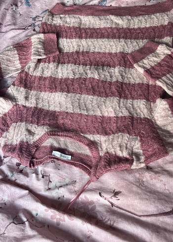 Pembe Çizgili Örgü Kadın Kazak - Görsel 4