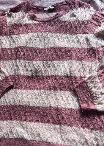 Pembe Çizgili Örgü Kadın Kazak - Görsel 3