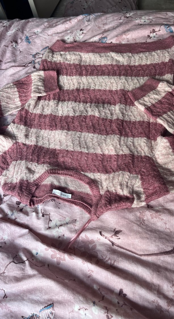 Pembe Çizgili Örgü Kadın Kazak - Görsel 4