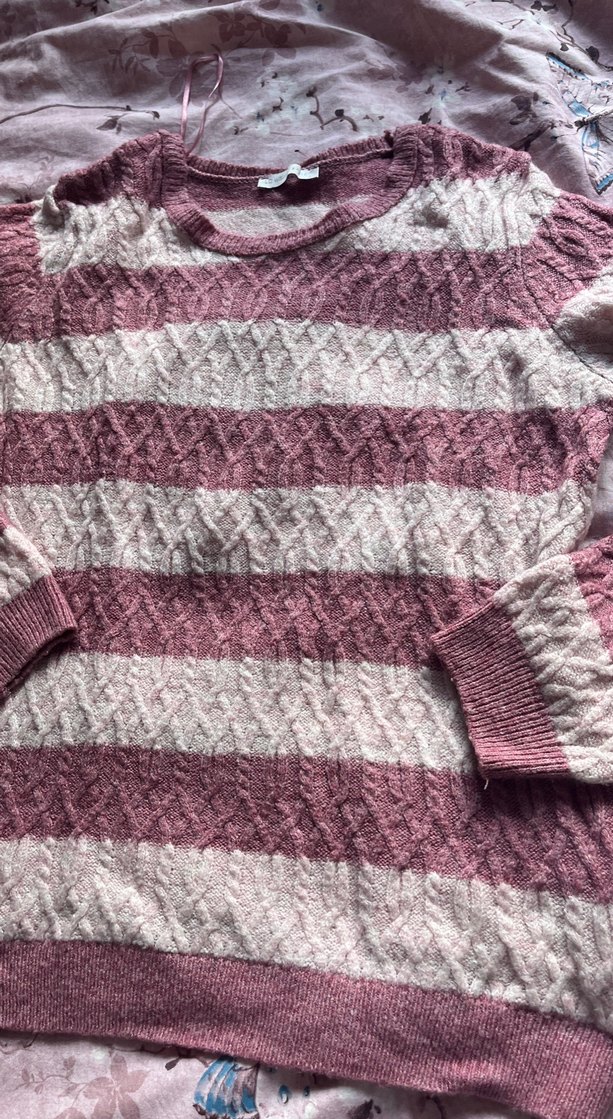 Pembe Çizgili Örgü Kadın Kazak - Görsel 3