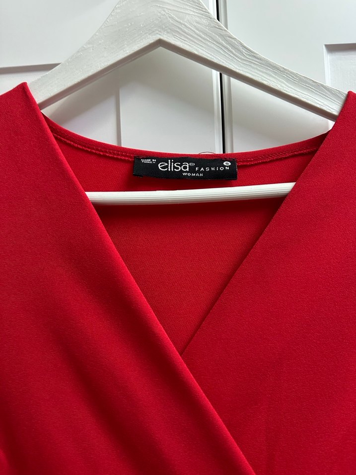 Kırmızı V Yaka Uzun Kollu Midi Elbise - Görsel 2
