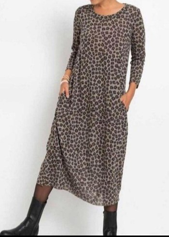 Leopar Desenli Uzun Salaş Elbise - Görsel 3