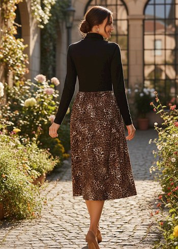 Kahverengi Leopar Desenli Uzun Elbise - Görsel 2