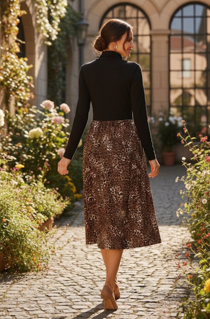 Kahverengi Leopar Desenli Uzun elbise - Görsel 2