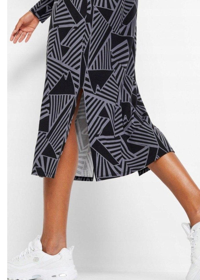 Gri Zebra Desenli Uzun Kadın Elbise - Görsel 3