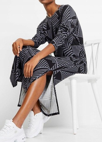 Gri Zebra Desenli Uzun Kollu Uzun Elbise - Görsel 2