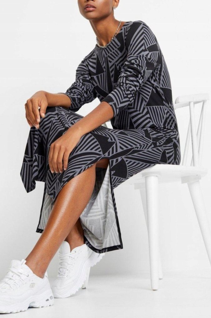 Gri Zebra Desenli Uzun Kollu Uzun Elbise - Görsel 2