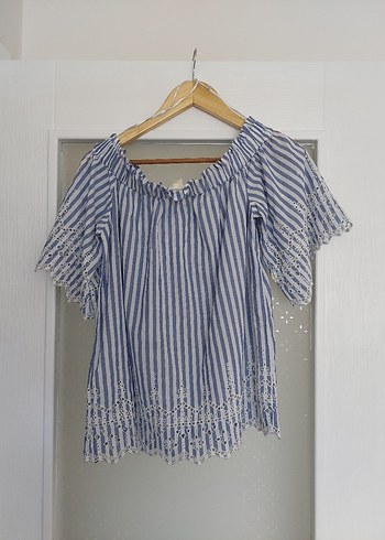 Dantel Detaylı Mavi Çizgili Bohem Bluz - Görsel 5