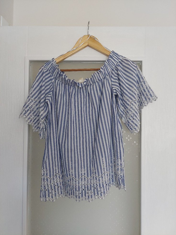 Dantel Detaylı Mavi Çizgili Bohem Bluz - Görsel 5