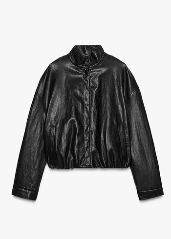 Kadın Siyah Deri Yüksek Yakalı Ceket - Görsel 2